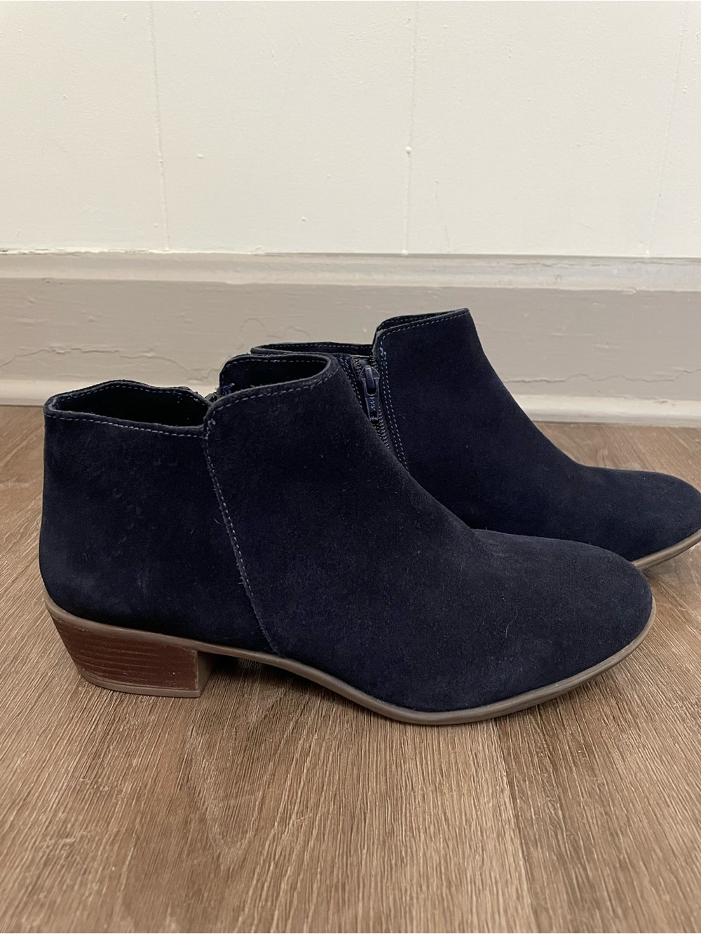 Diba Leather Suede Booties Size 7.5 Navy Blue Ankle Boots Side Zip Boho Western